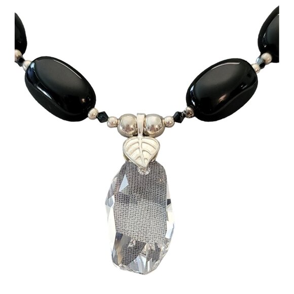 Sterling Silver Black Onyx Clear Geometrical Crystal Pendant Necklace E872 - Picture 9 of 16